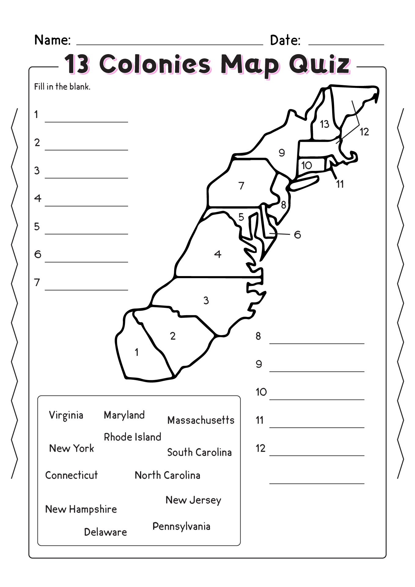 13 Colonies Map Quiz Printable