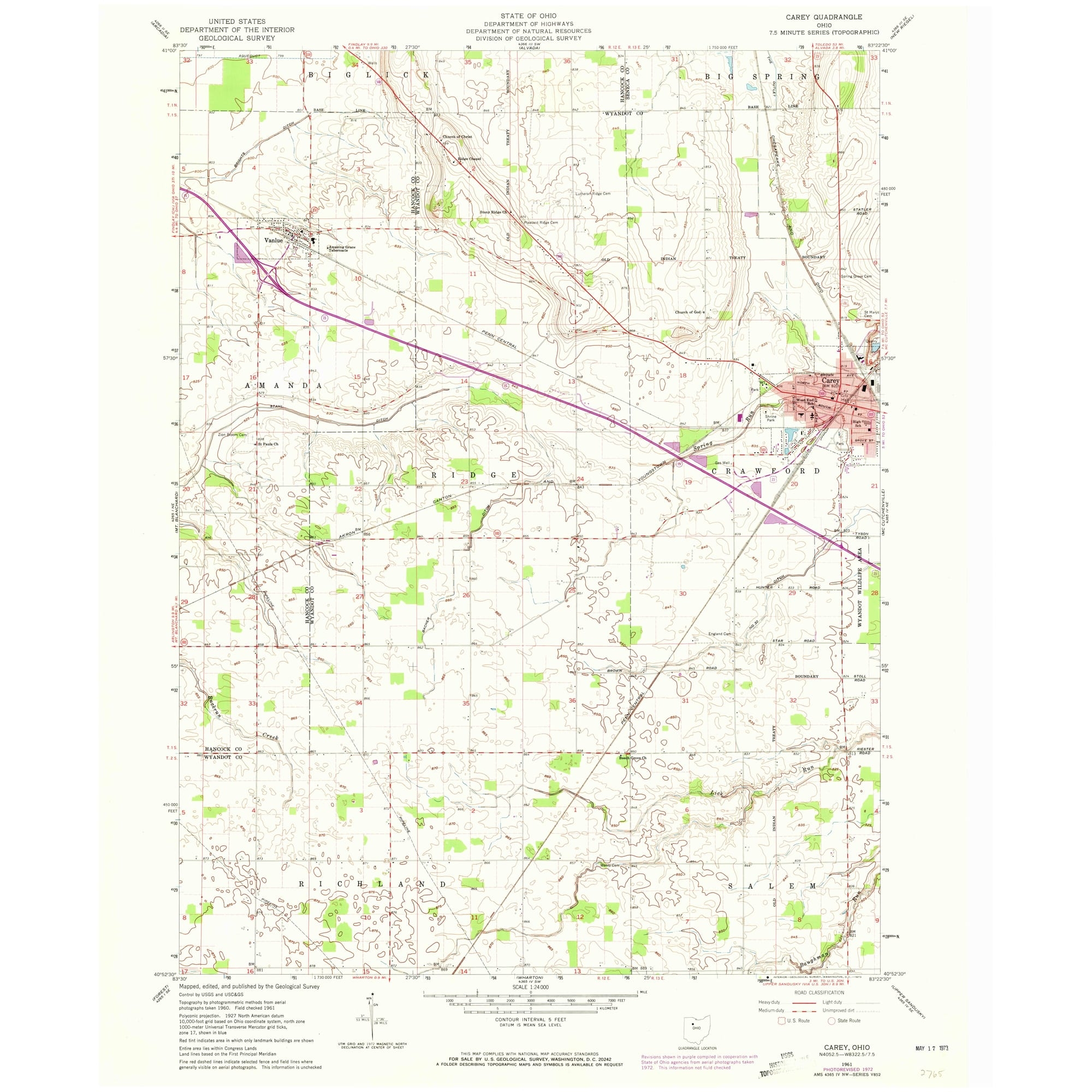 1961 Map Of Carey OH High Res 1973 Print Pastmaps