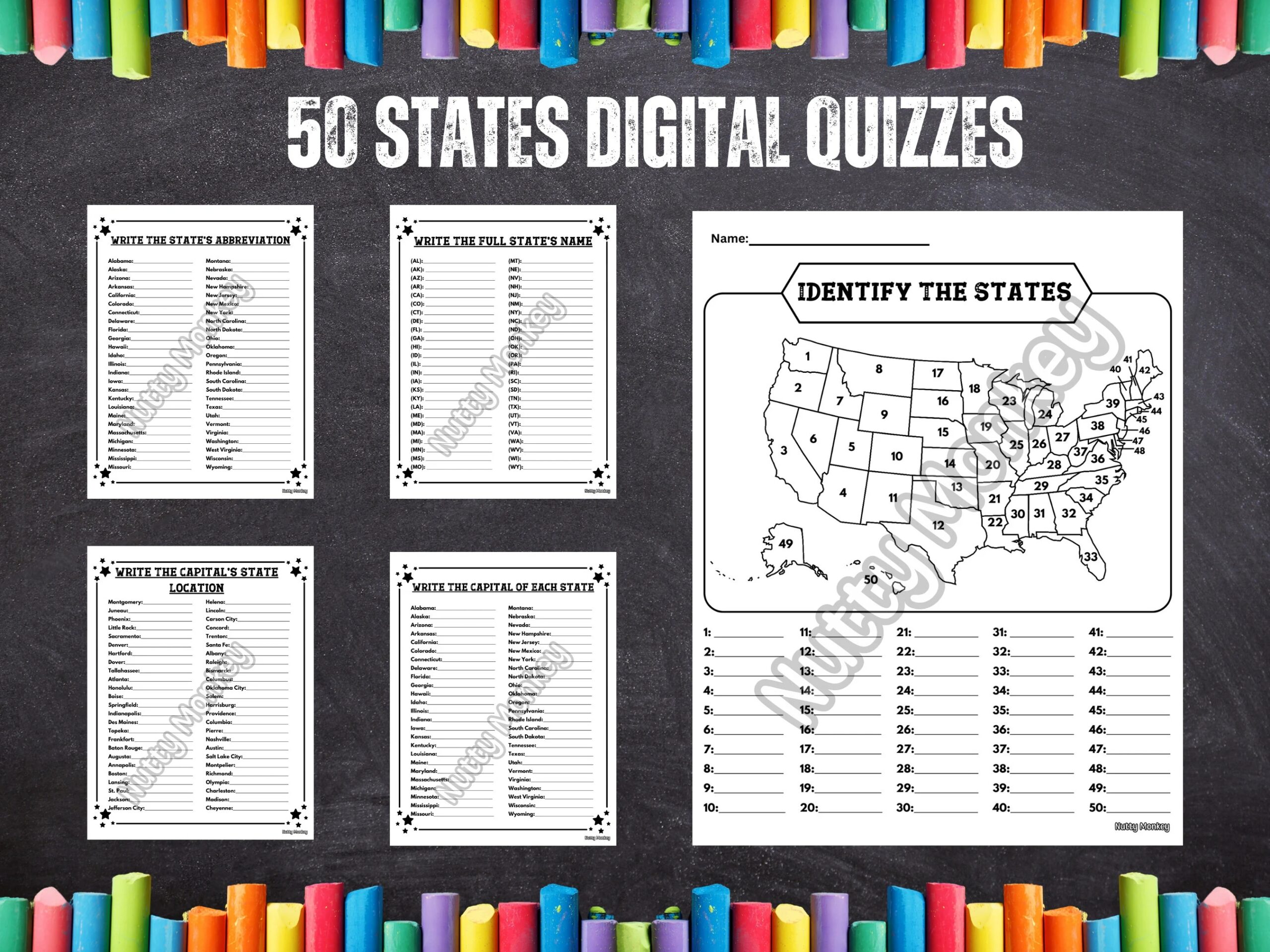 50 States Quiz Test Worksheet US USA Geography Social Studies Digital Download Printable Word Search Etsy