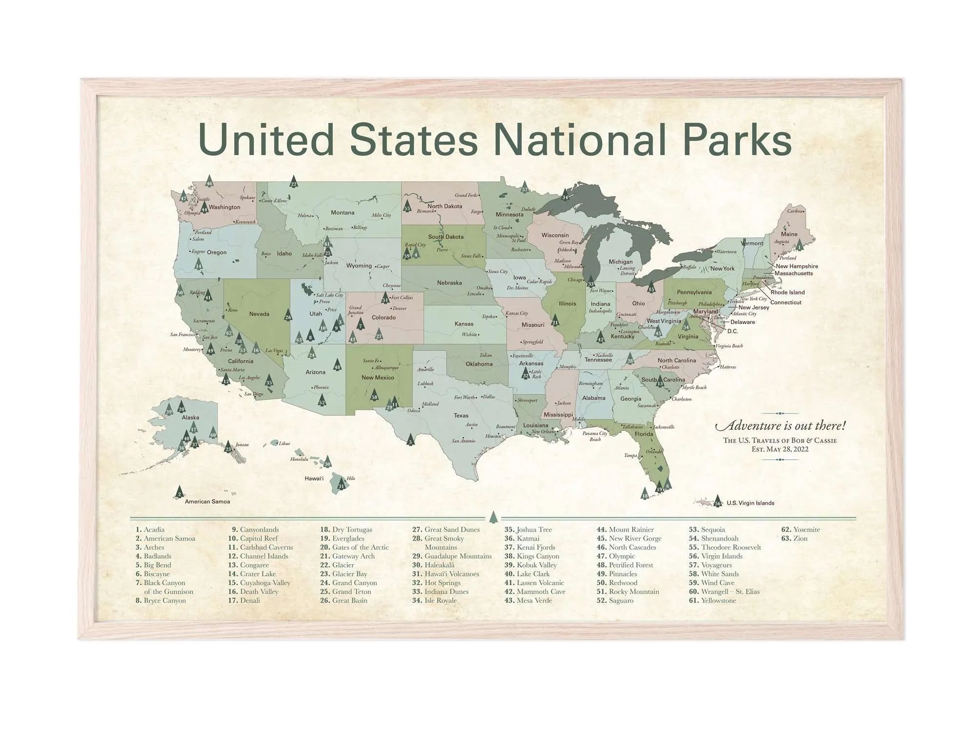 63 US National Parks Map With Pins Personalized Travel Map