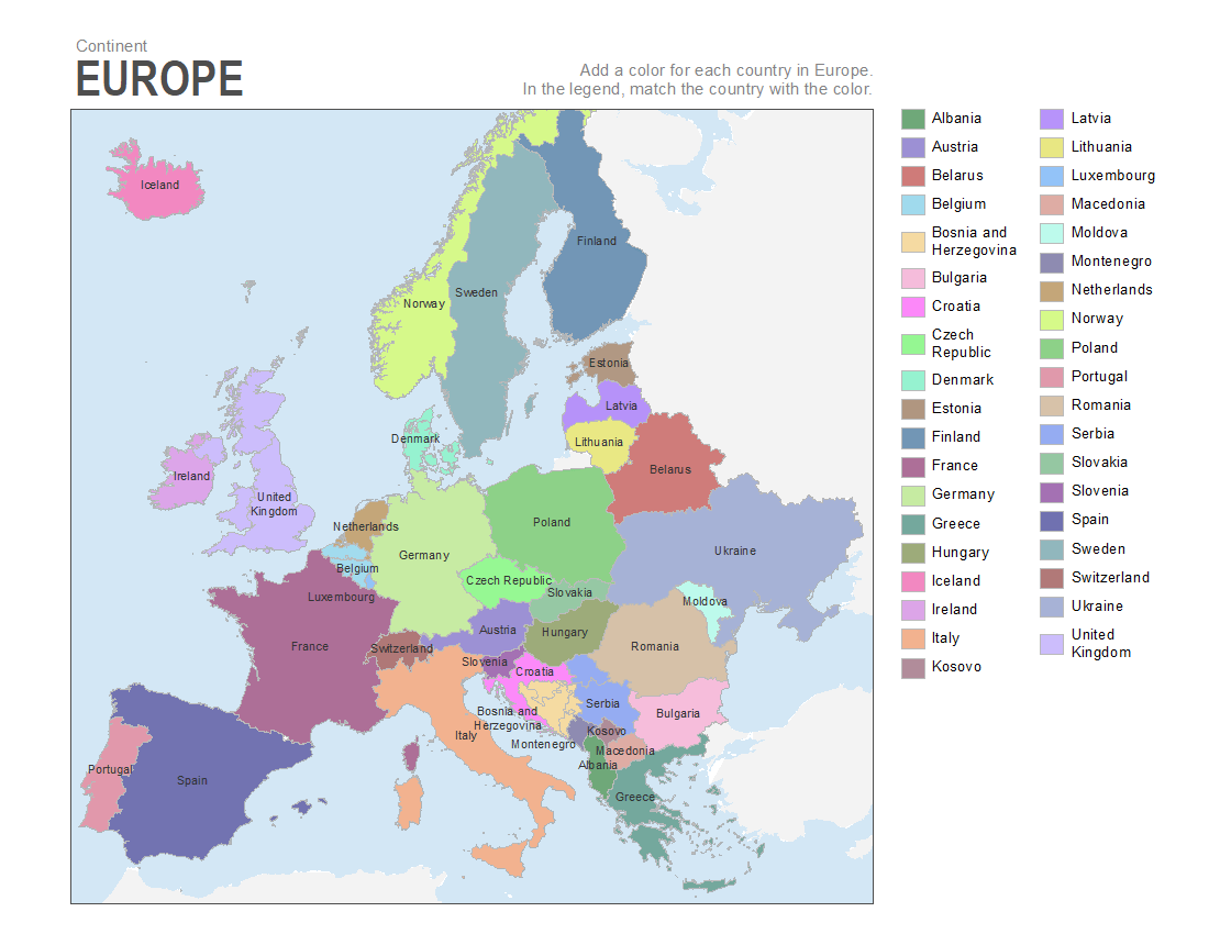 Printable Colored Map Of Europe