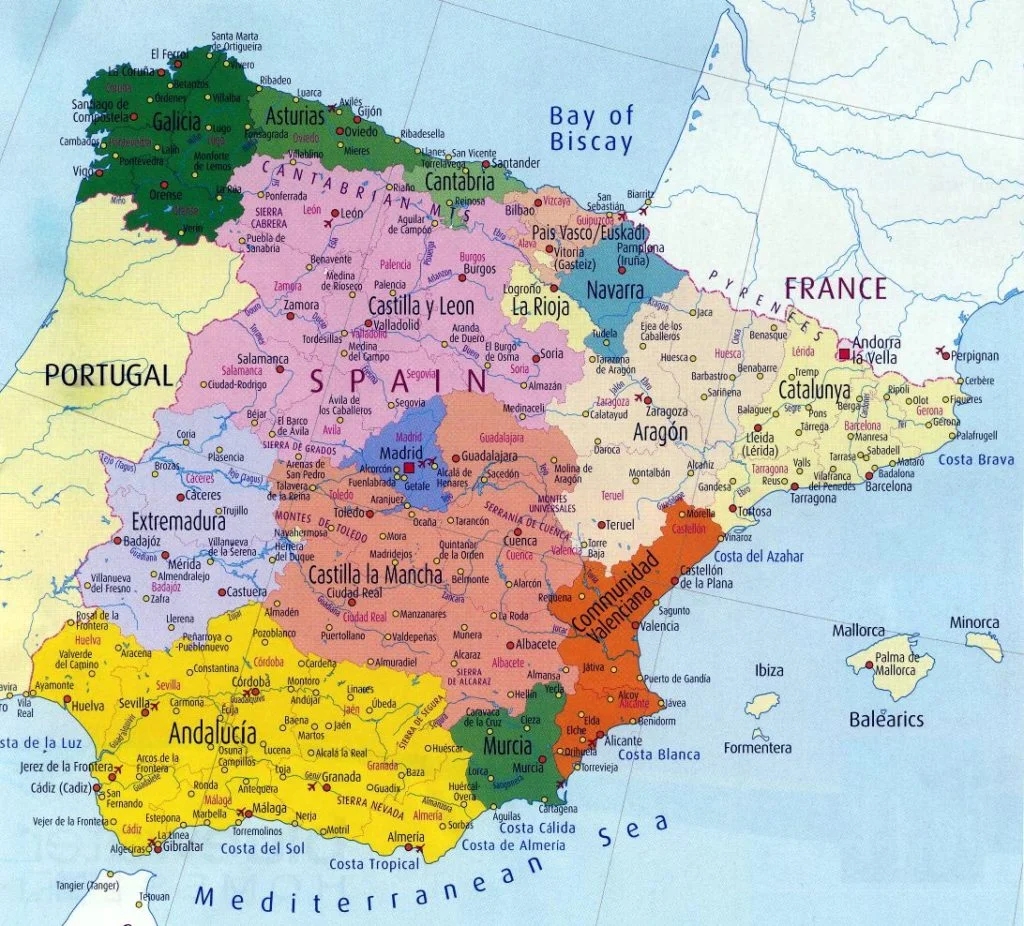 8 Free Printable Labeled Blank Map Of Spain With Cities Outline 
