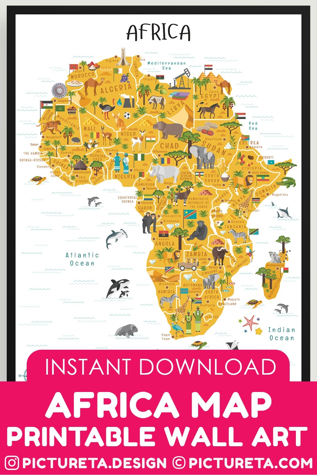 Africa Map Printable Art African Animals INSTANT DOWNLOAD Africa South Africa Map Of Africa African Art Ethiopia Egypt Morocco Etsy