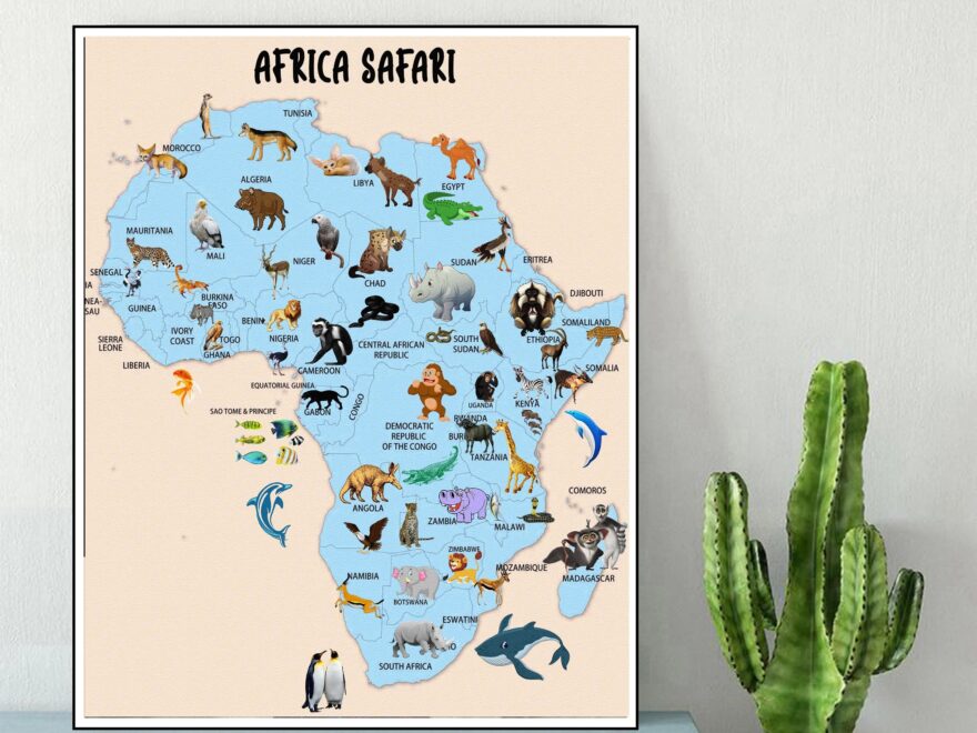 Africa Safari Map Printable Nursery Blue Africa Map Africa Wildlife Map Poster Kids Room Decor Africa Animals Print Classroom Nursery Decor Etsy