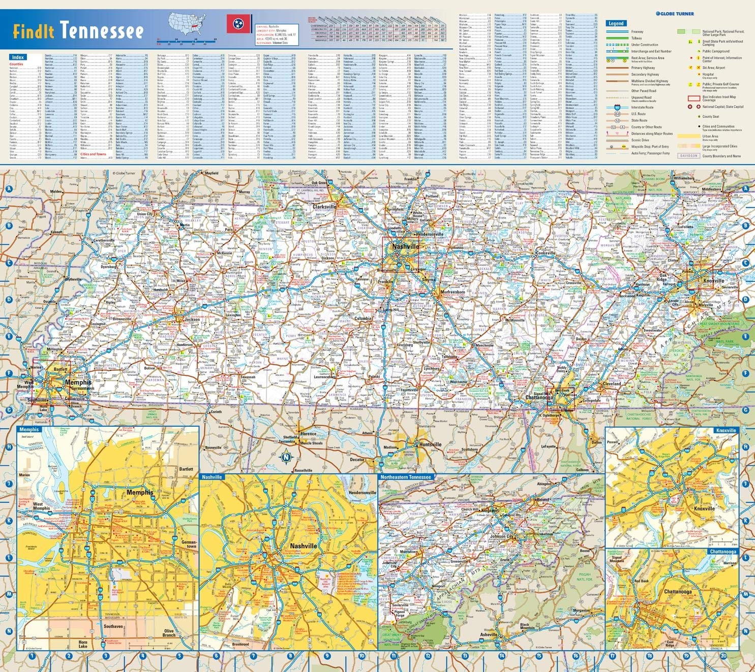 Amazon Globe Turner Tennessee State Wall Map 20 75 X 18 5 Laminated Matte Full Color Street Map Office Products