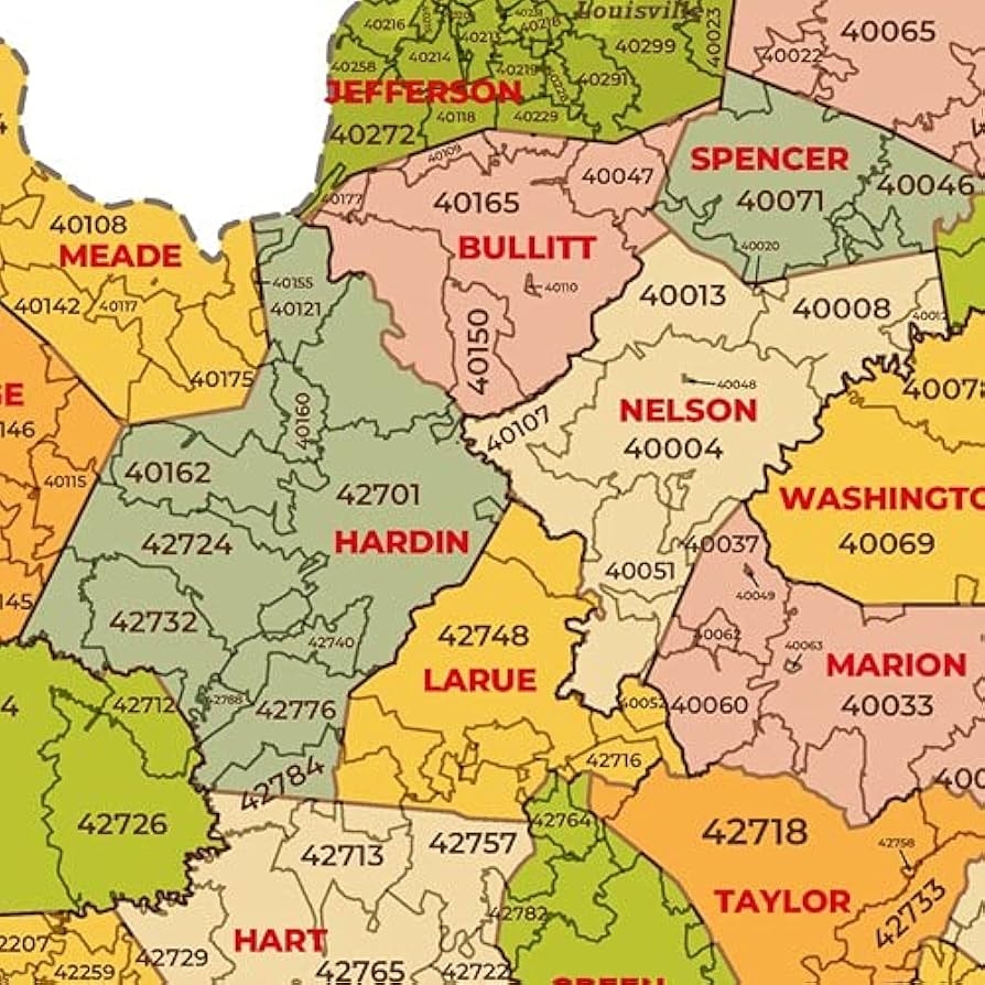Amazon Kentucky ZIP Code Map With Counties Standard 36 X 20 Laminated Office Products