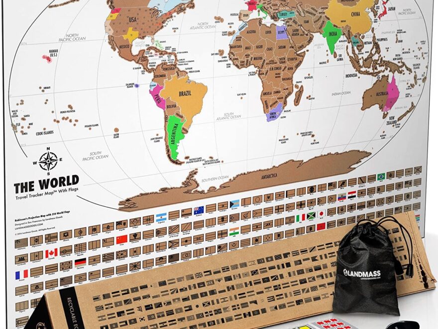 Amazon Landmass Scratch Off World Map Poster With Flags Deluxe Travel Tracker Print Unique Wall Art For Home Or Office Ideal Gift Idea For Travelers And Adventure Lovers 27x14 Inches Home