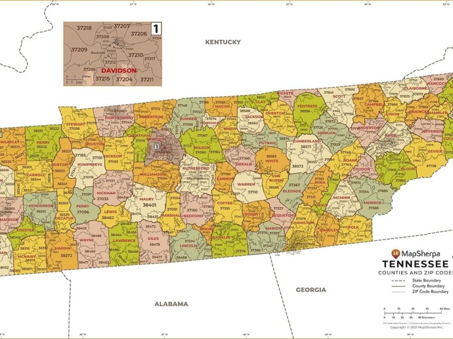 Amazon Tennessee ZIP Code Map With Counties Standard 36 X 17 5 Laminated Office Products