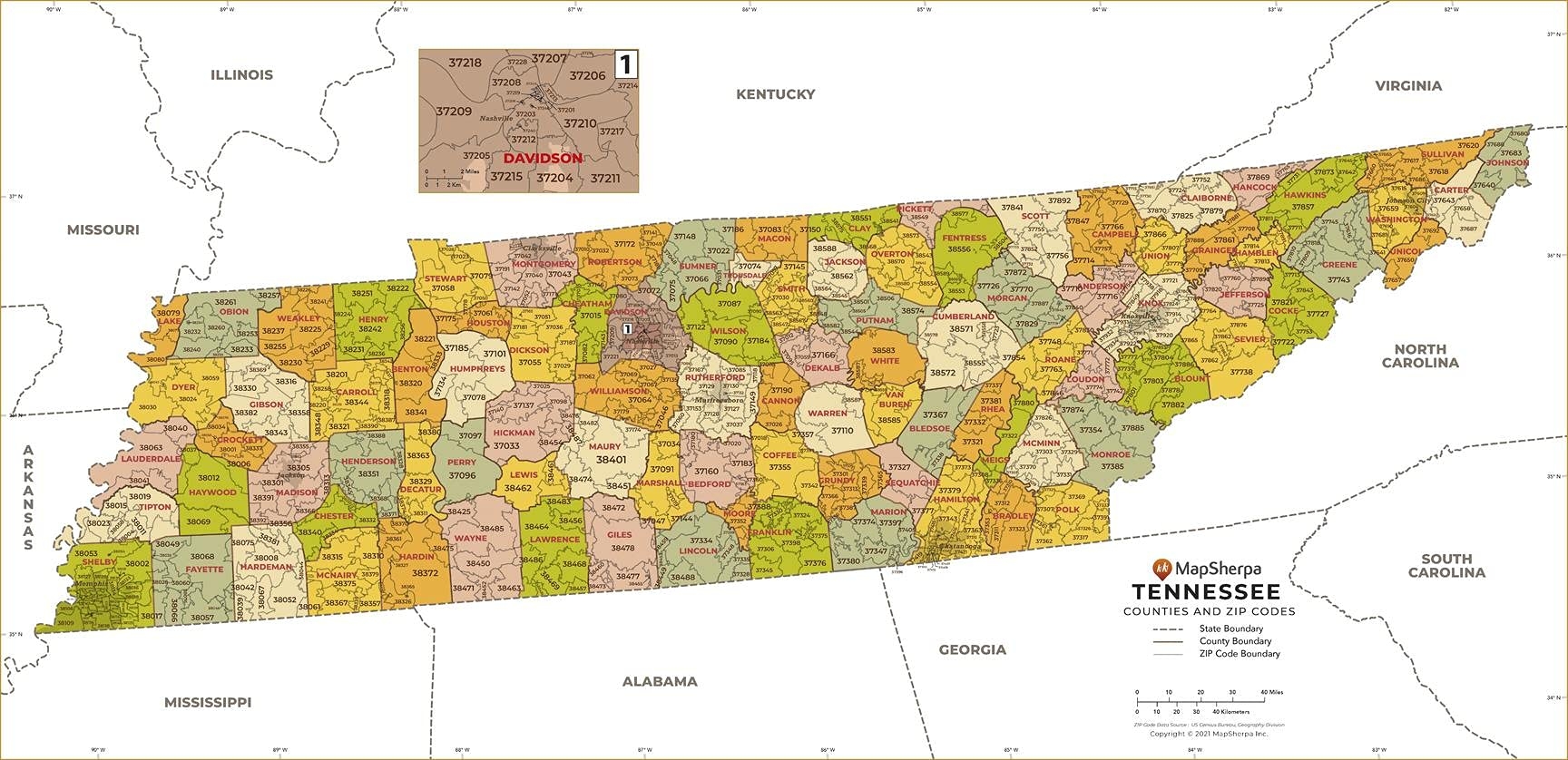 Amazon Tennessee ZIP Code Map With Counties Standard 36 X 17 5 Laminated Office Products