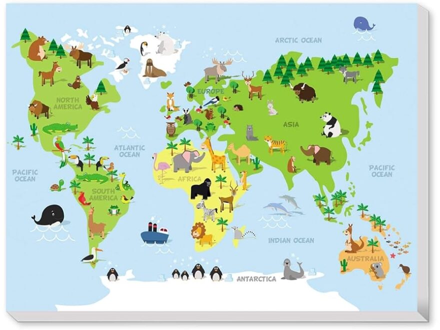 Amazon TEXTURE OF DREAMS Kids Zoo Animal World Map Print Wall Art Canvas Children Educational Developmental Fun Animal Map Of The World Baby Room Design Nursery Decor Large Canvas Prints 16