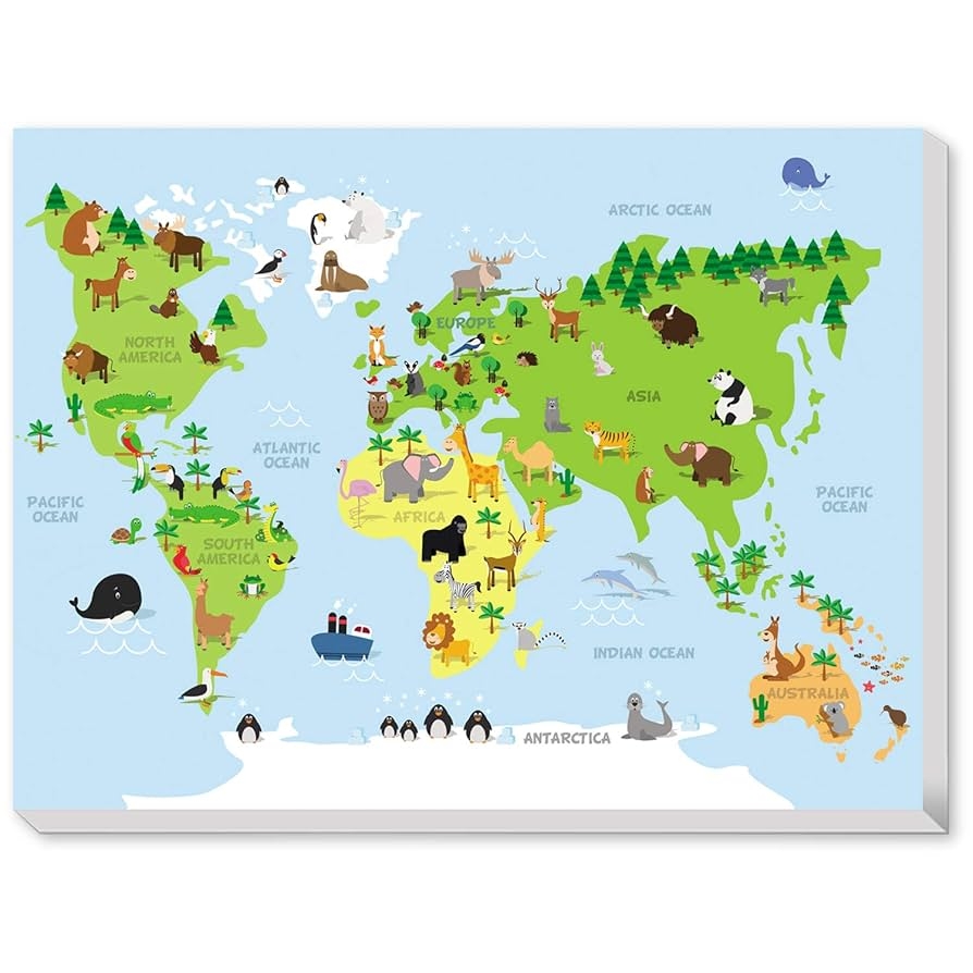 Amazon TEXTURE OF DREAMS Kids Zoo Animal World Map Print Wall Art Canvas Children Educational Developmental Fun Animal Map Of The World Baby Room Design Nursery Decor Large Canvas Prints 16 