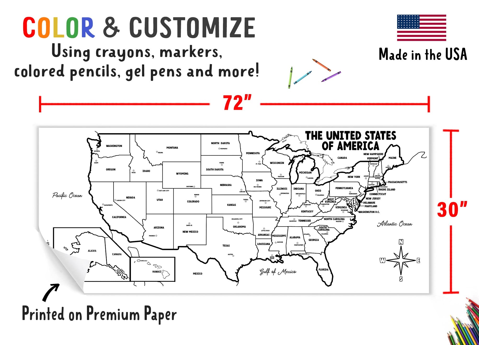 Amazon Tiny Expressions Giant USA Coloring Map For Kids Rolled No Creases 72 X 30 Large United States Coloring Poster Ideal For Classroom Or Bedroom Activity Decor USA Map