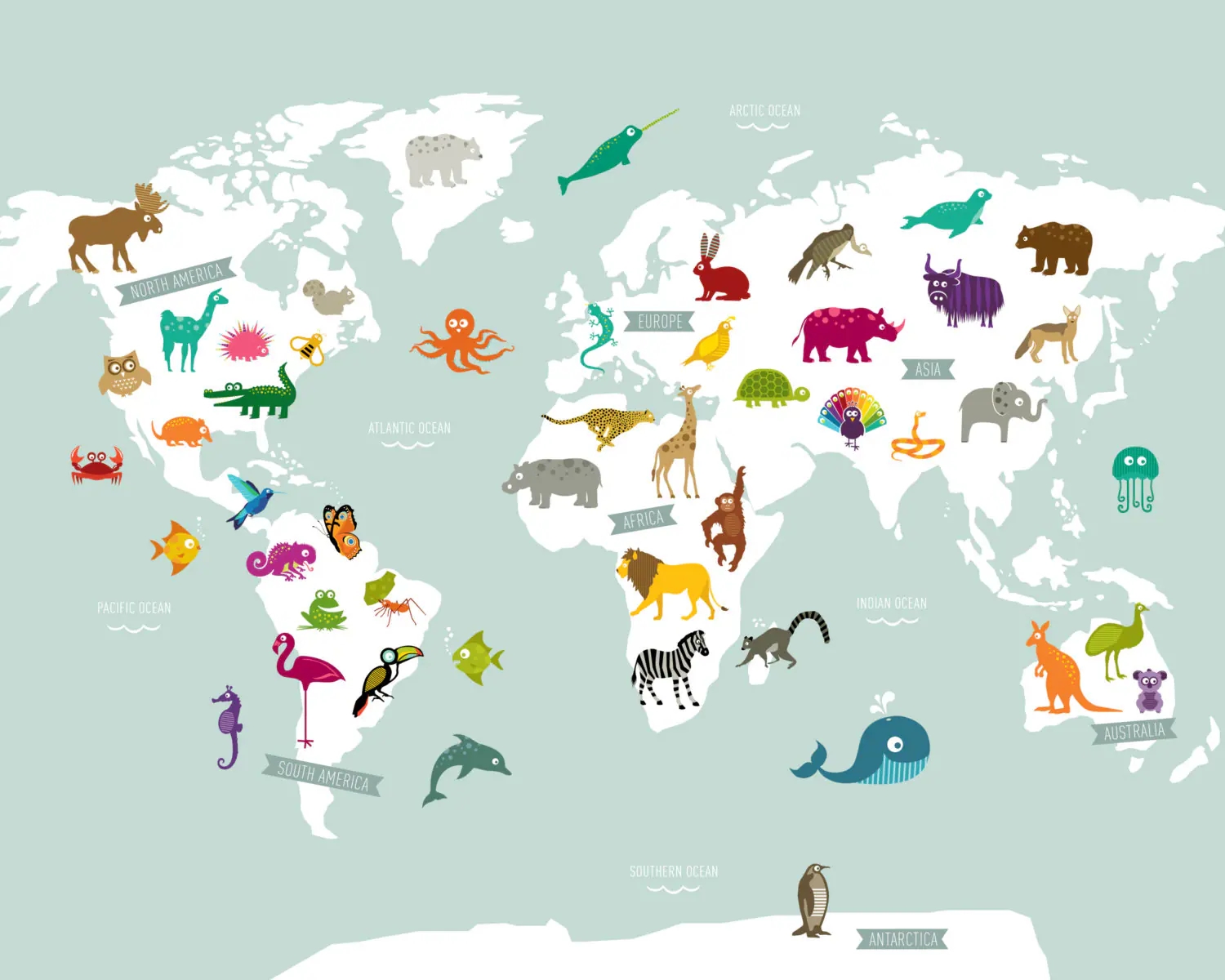 Animal World Map Poster Print Etsy