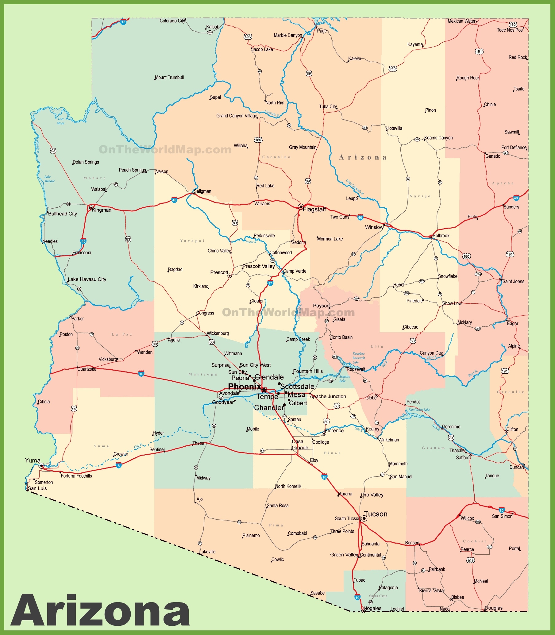 Arizona Road Map With Cities And Towns Ontheworldmap