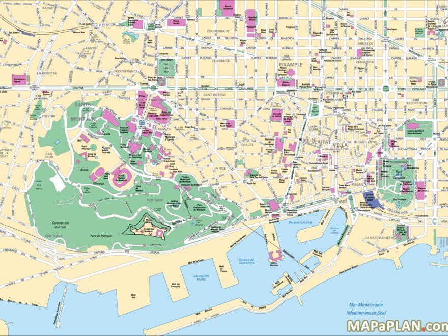 Barcelona Top Tourist Attractions Map Central Barcelona With Las Ramblas Must see Points Of Interest