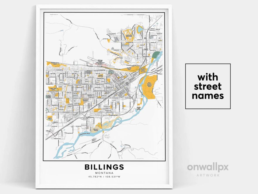 Billings Map Print Street Names Billings Print Printable Map Of Billings City Map Art Billings Montana Map Art Travel Gift Poster Etsy
