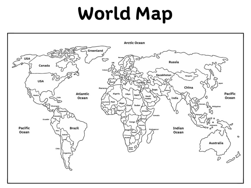 Black And White World Map 20 Free PDF Printables Printablee
