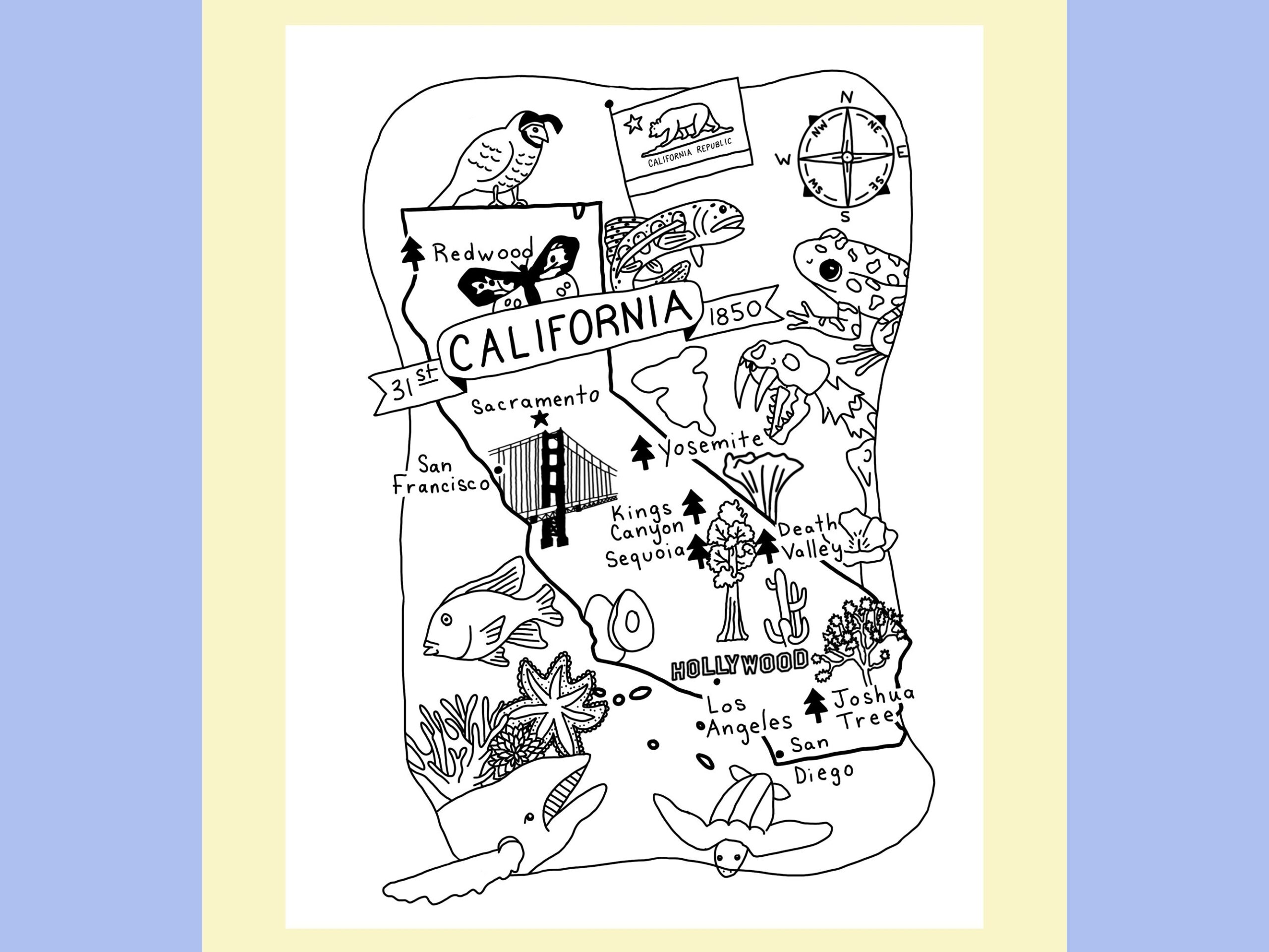 California Coloring Page Printable State Map Worksheet Travel Poster Print Education Packet USA Geography Kids Activity Book Etsy UK