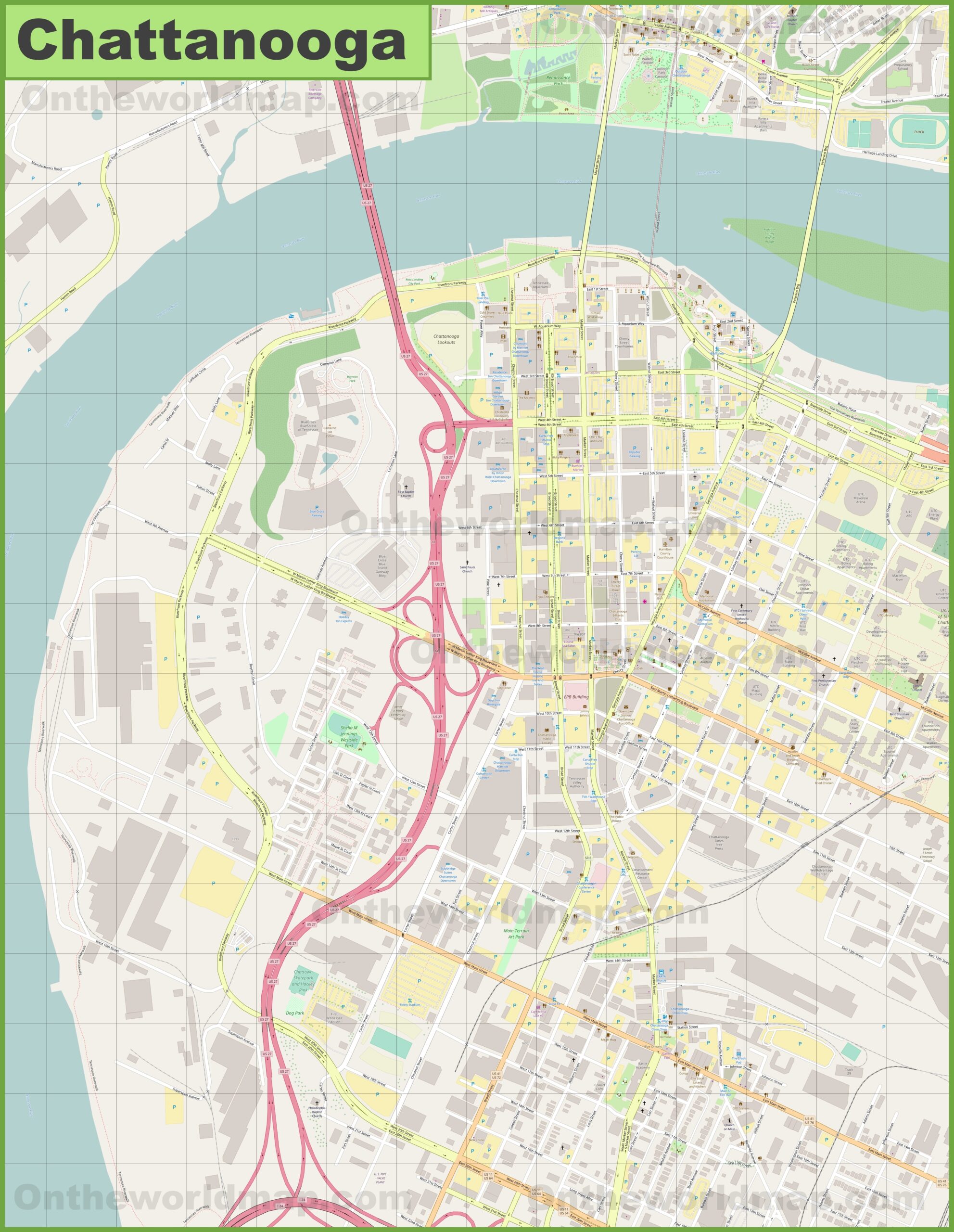 Chattanooga Downtown Map Ontheworldmap