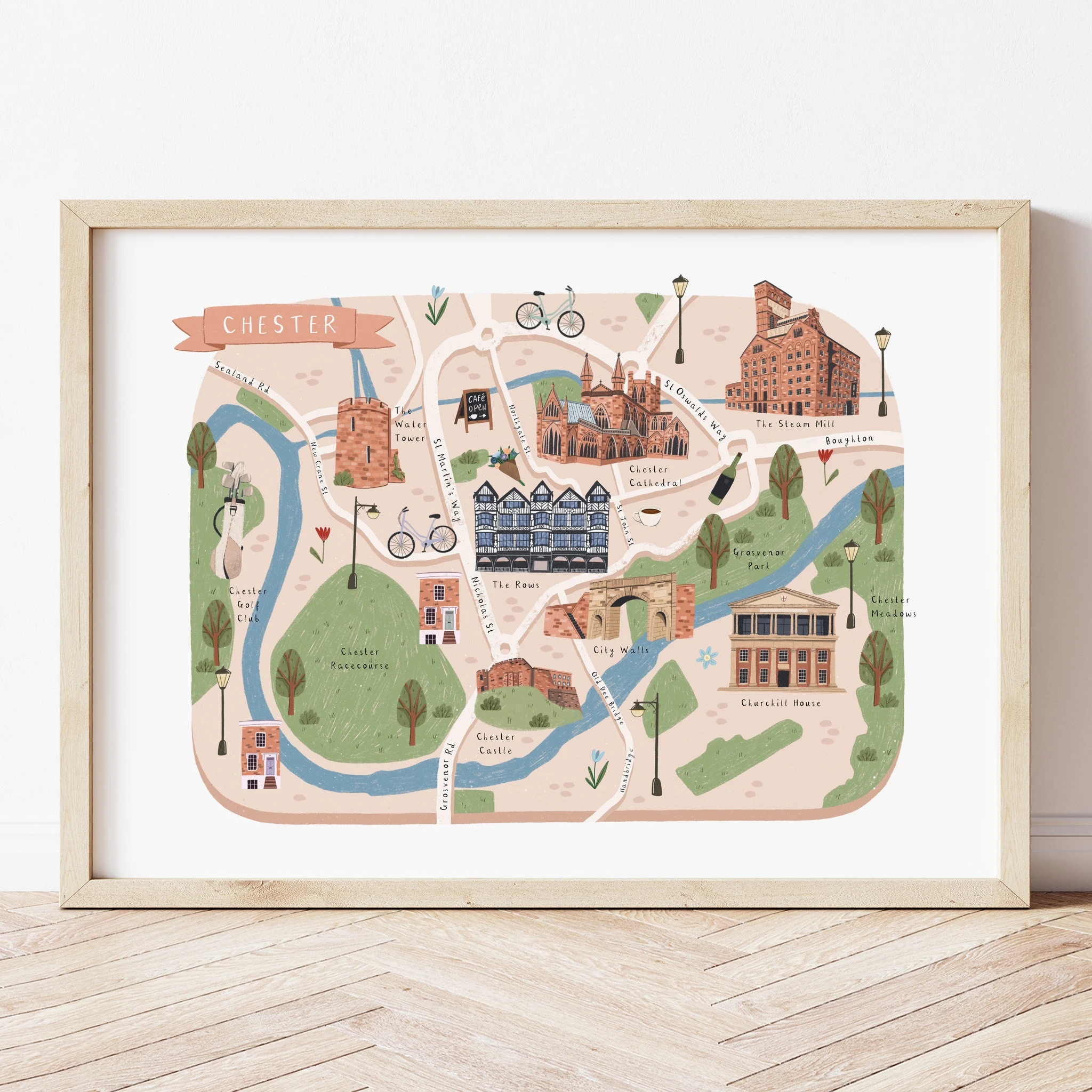 Chester Map Illustrated Map Of Chester Chester Poster Chester Print Chester Art Chester Illustration Chester Gift Chester Travel Etsy