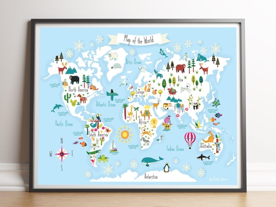 Children s World Map Wall Poster A2 Educational Art Print For Kids Bedroom Or Classroom Wall Geography And Nature Poster Etsy