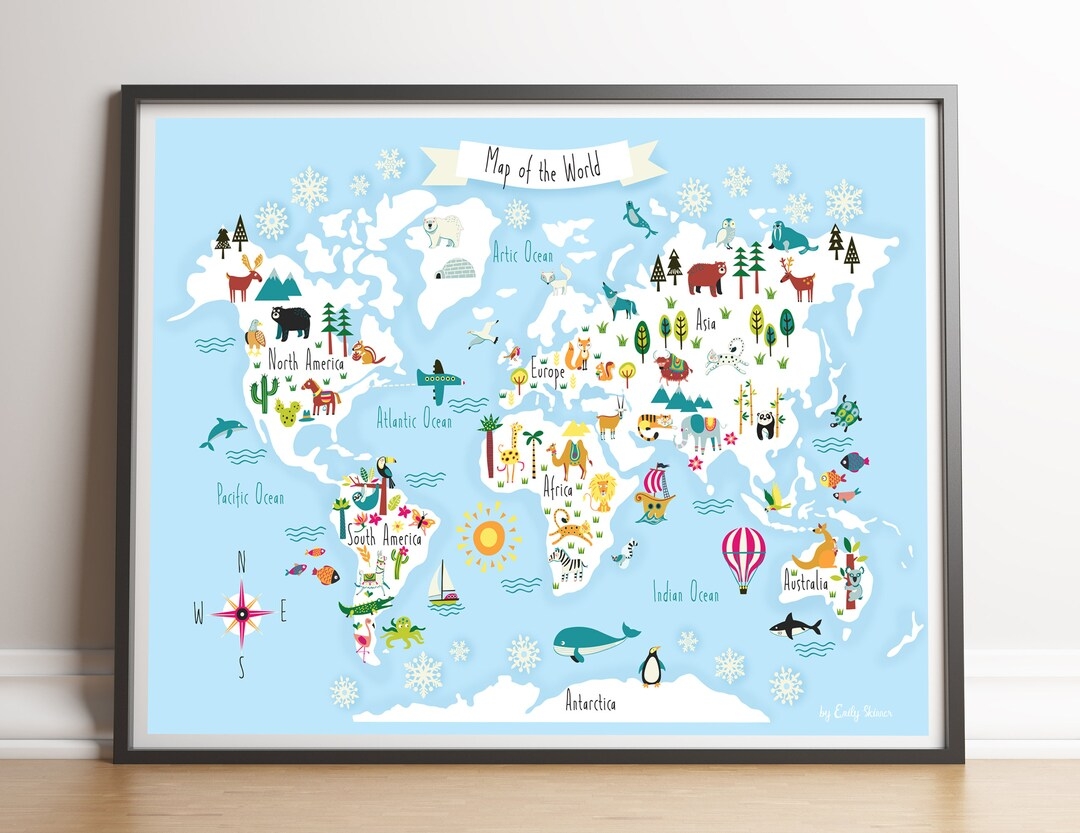 Children s World Map Wall Poster A2 Educational Art Print For Kids Bedroom Or Classroom Wall Geography And Nature Poster Etsy