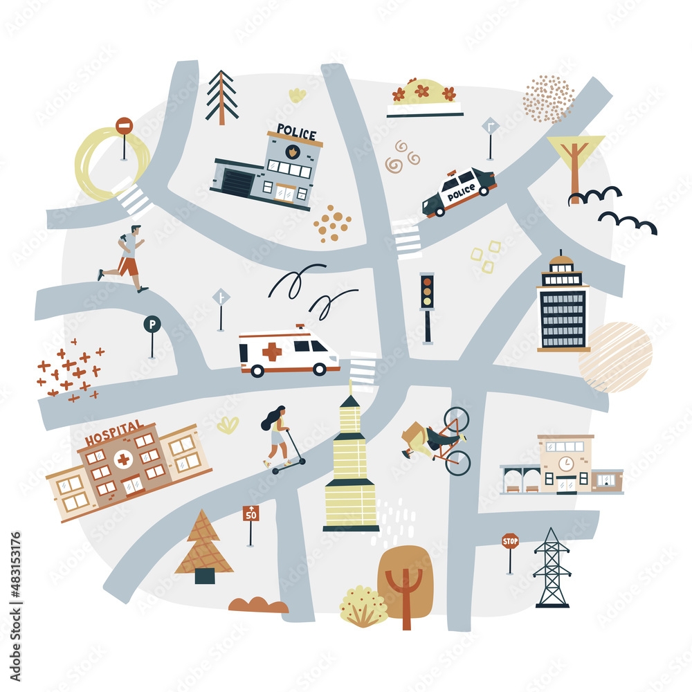 City Or Village With Roads Streets And Cars Cartoon Map Kids Nursery Poster Print Isolated On White Background Vector Illustration Stock Vector Adobe Stock