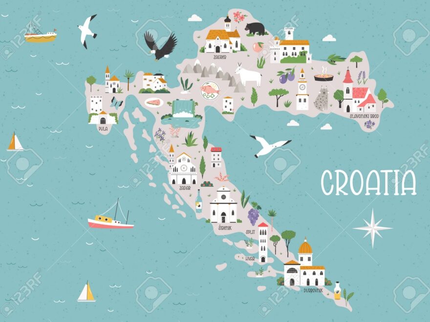Colorful Cartoon Map Of Croatia With Famous Cities Nature Animals Must see Attractions Split Dubrovnik Pula Hvar Bright Map For Posters Travel Magazines Blogs Wall Designs Royalty Free SVG Cliparts Vectors And