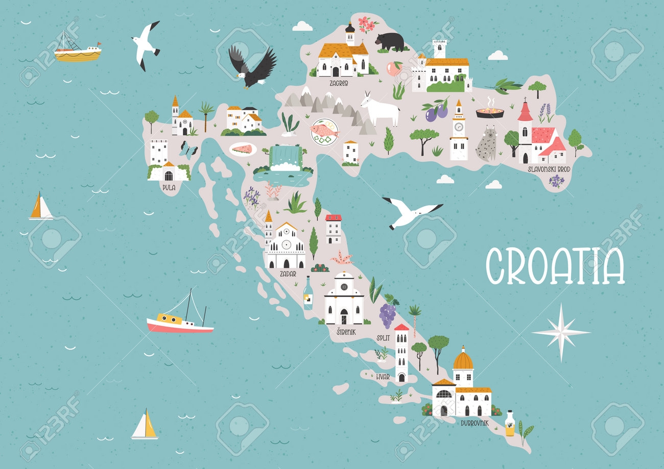 Colorful Cartoon Map Of Croatia With Famous Cities Nature Animals Must see Attractions Split Dubrovnik Pula Hvar Bright Map For Posters Travel Magazines Blogs Wall Designs Royalty Free SVG Cliparts Vectors And