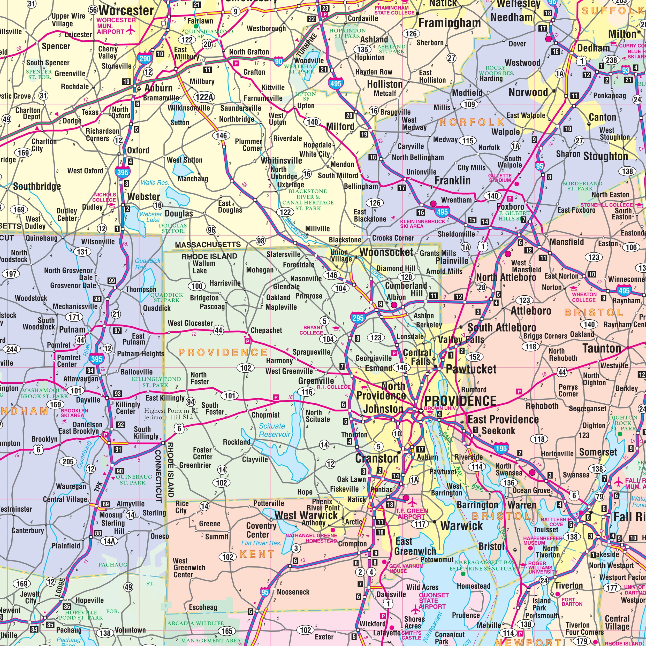 Connecticut Rhode Island Massachusetts Regional Wall Map By Kappa The Map Shop