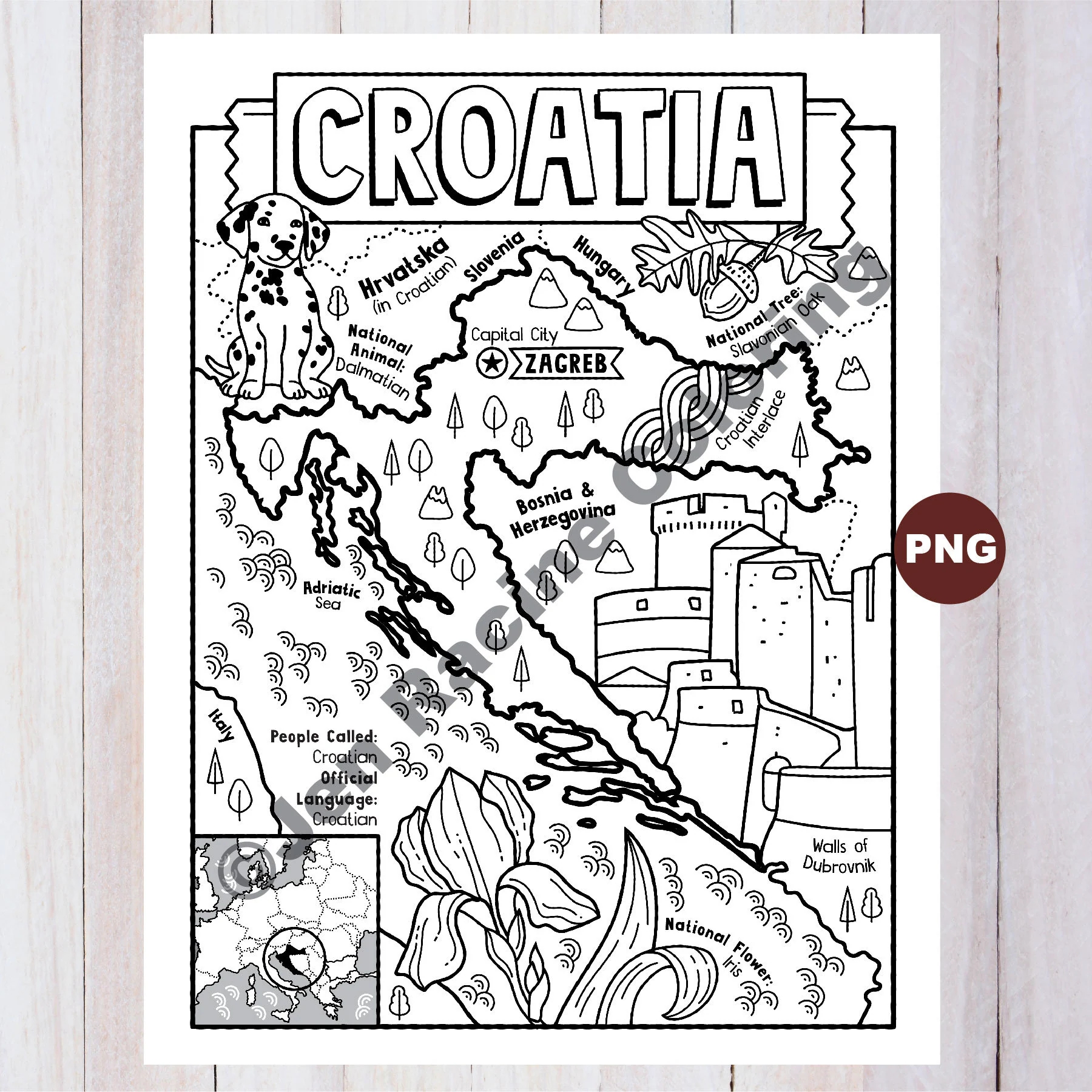 Croatia Coloring Page Geography Of Europe Digital Download Coloring Page Etsy