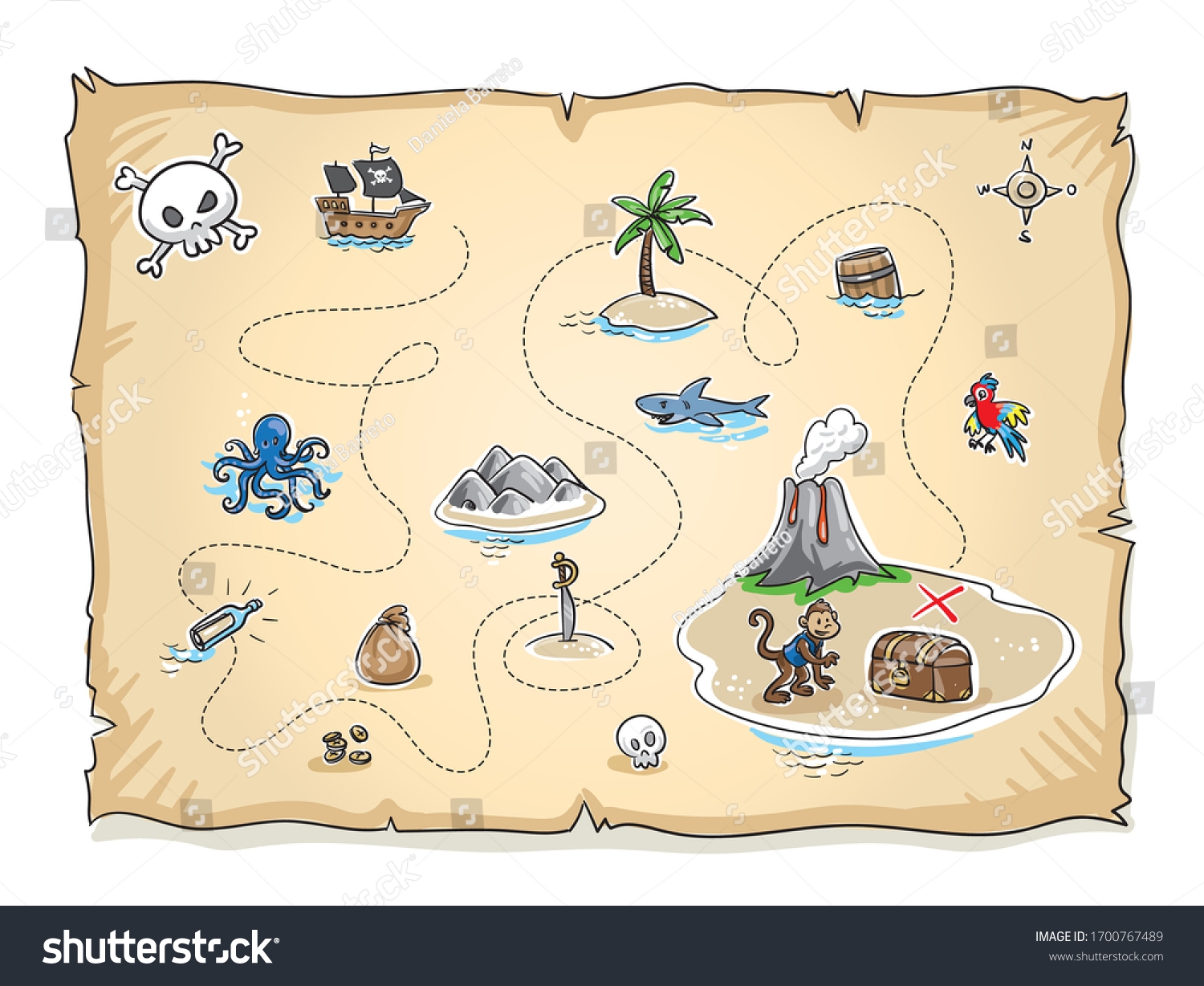 Cute Pirates Treasure Map Lots Icons Stock Vector Royalty Free 1700767489 Shutterstock
