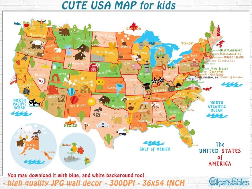 Cute Printable USA MAP For Kids Gender Neutral Room Decor