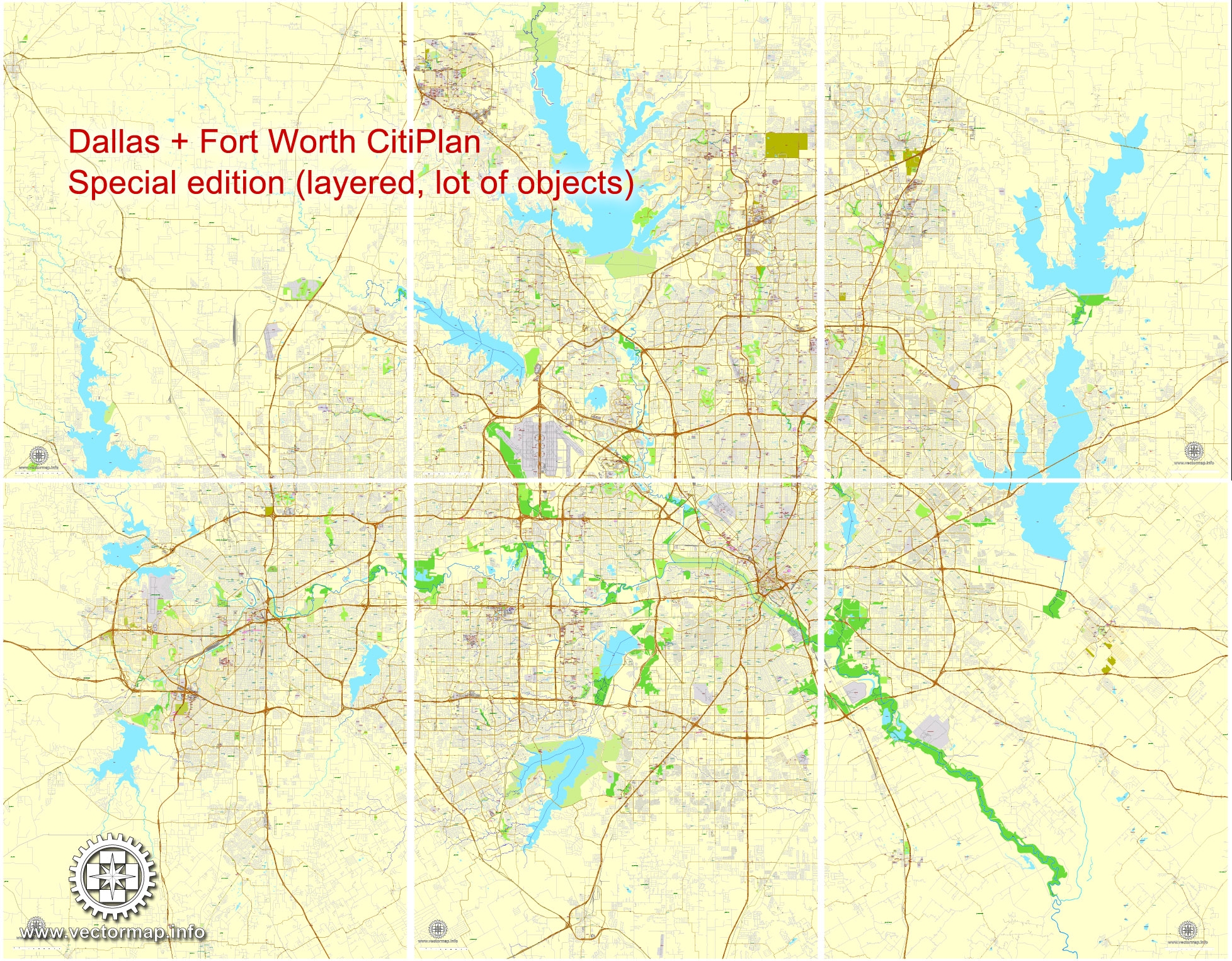Dallas Fort Worth Texas US Printable Map Exact Vector Street City Plan Map In 6 Parts V 29 11 Fully Editable Adobe Illustrator Maps In Vector Detailed Street Maps Illustrator PDF CorelDRAW