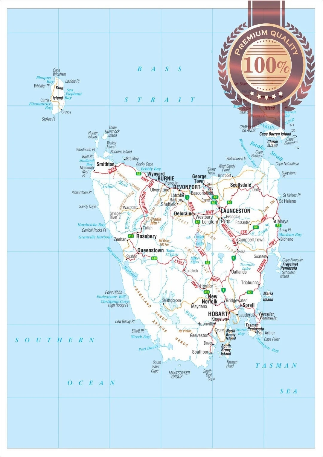 Detailed Map Of Tasmania Tas Aus Australian Roads Premium Waterproof Tear Proof Poster Australia Atlas Wall Diagram Chart Art Print Etsy