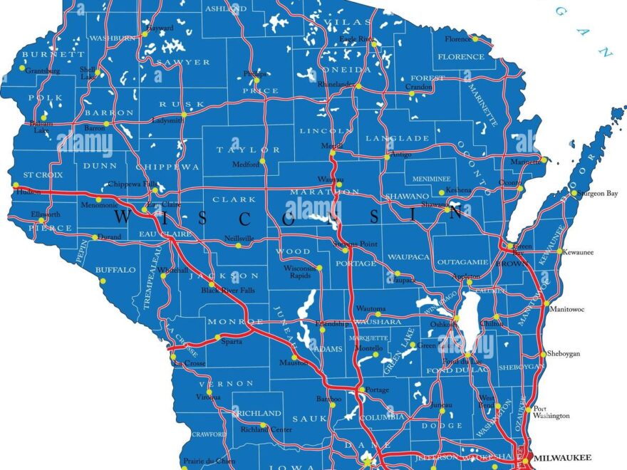 Detailed Map Of Wisconsin State in Vector Format with County Borders roads And Major Cities Stock Vector Image Art Alamy