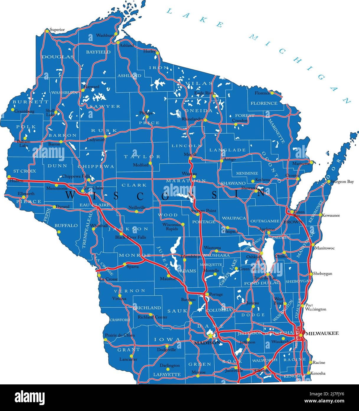 Detailed Map Of Wisconsin State in Vector Format with County Borders roads And Major Cities Stock Vector Image Art Alamy