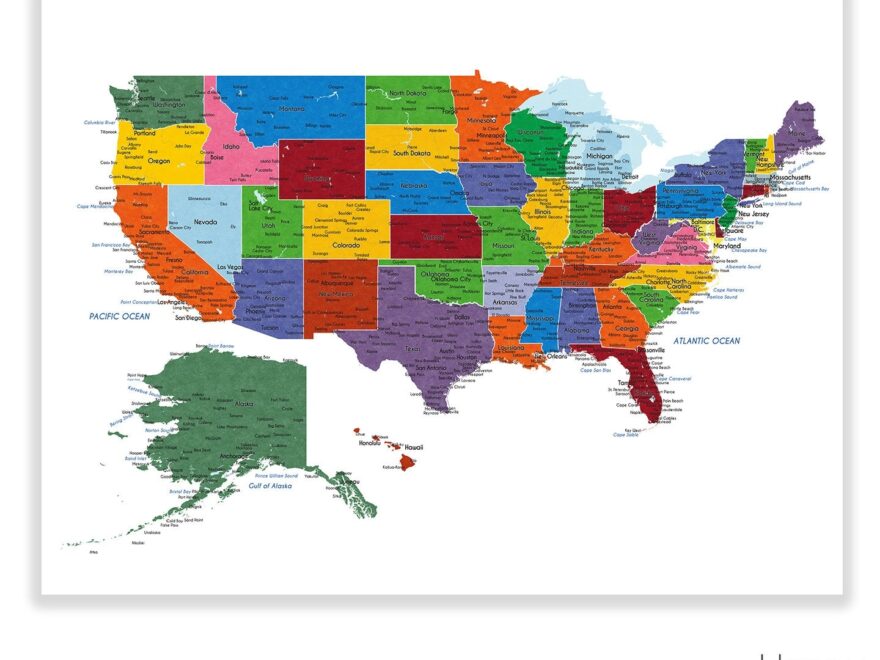 Detailed USA Map With Cities And States Labels US Map Print With City Names And State Names Added Neutral Colors Push Pin Map Idea