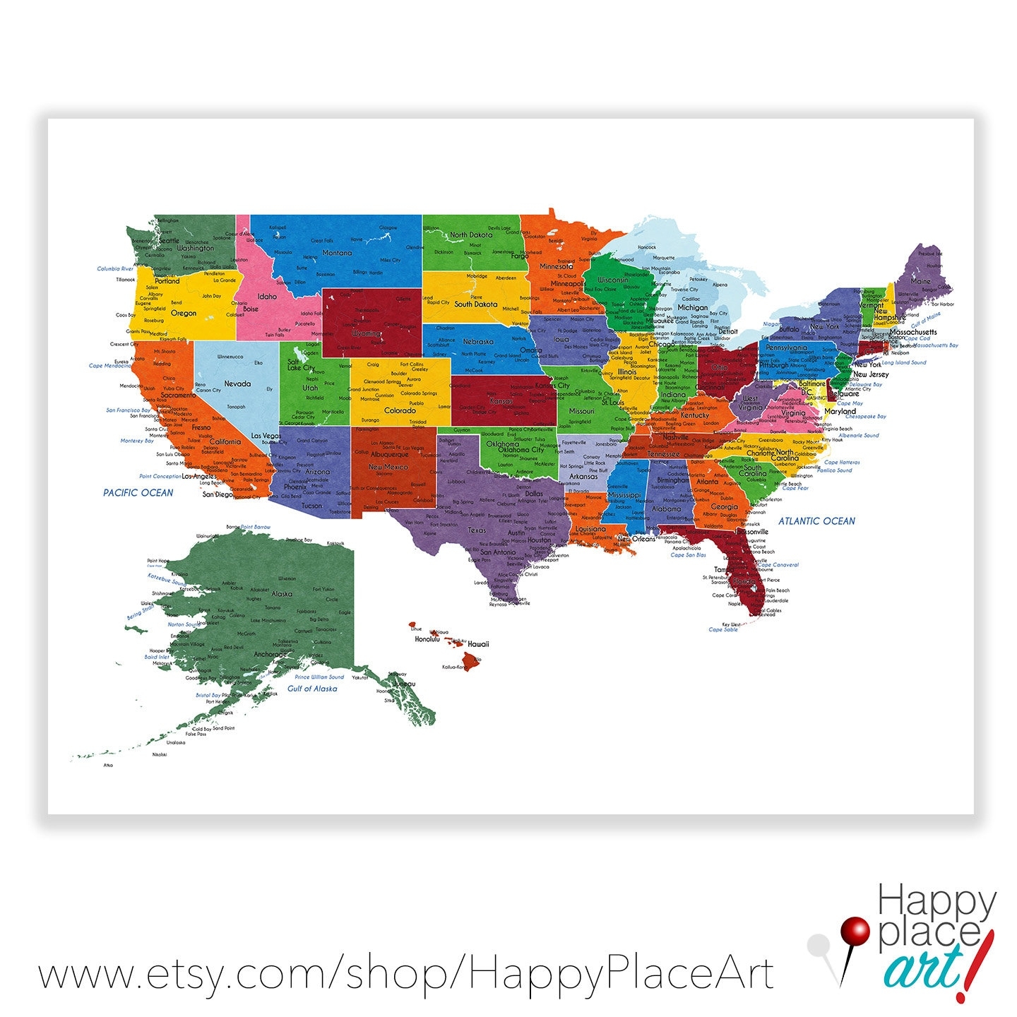 Detailed USA Map With Cities And States Labels US Map Print With City Names And State Names Added Neutral Colors Push Pin Map Idea