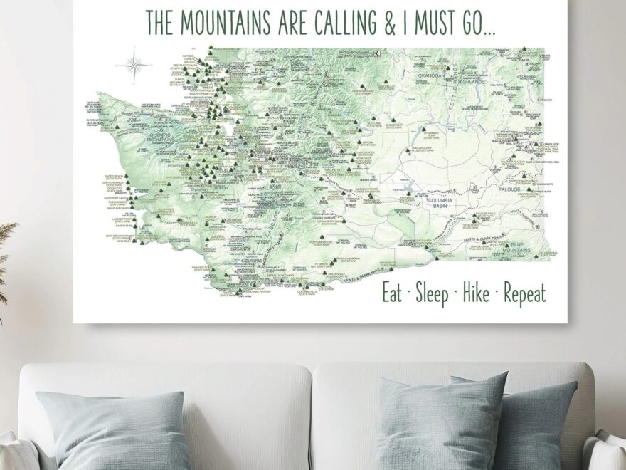 Detailed Washington Hiking Map With Parks And Trails Mountains Of WA Poster Nature Trails For Hikers Large Wall Map Washington State Print