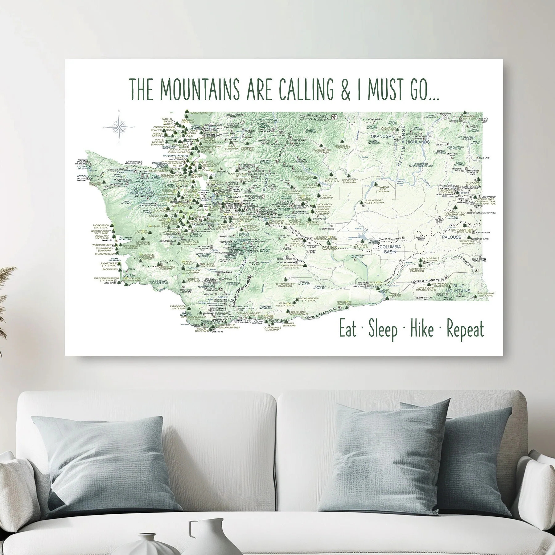 Detailed Washington Hiking Map With Parks And Trails Mountains Of WA Poster Nature Trails For Hikers Large Wall Map Washington State Print