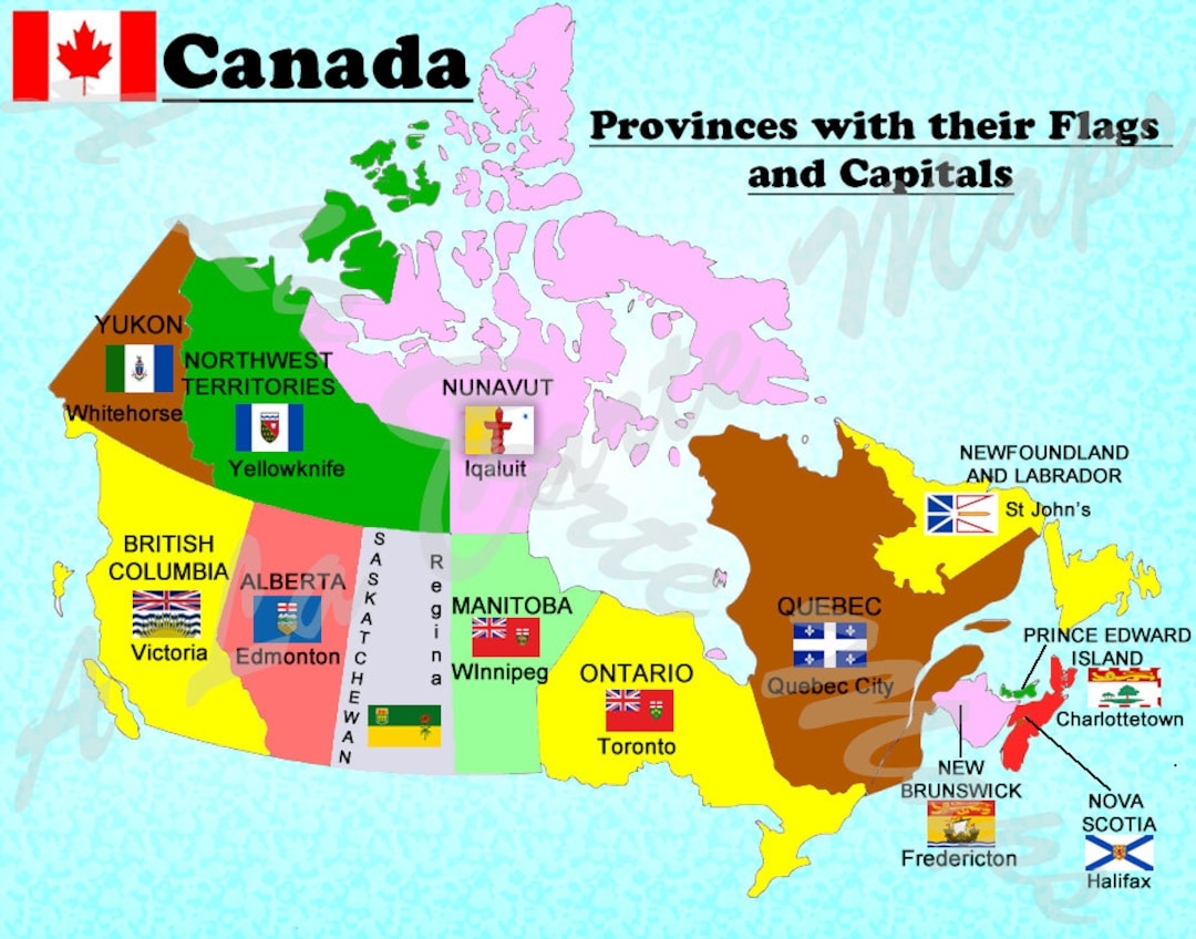 Digital Map Of All Canadian Provinces With Their Flags And Their Capital Cities Etsy