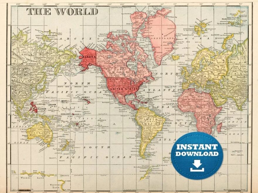 Digital Red yellow Vintage World Map Printable Download Vintage World Map Antique World Map Poster Map Etsy