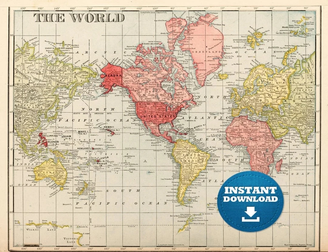 Digital Red yellow Vintage World Map Printable Download Vintage World Map Antique World Map Poster Map Etsy