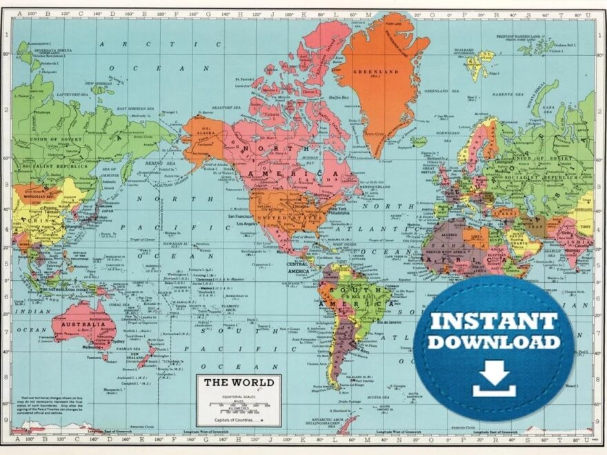 Digital Vintage Bright Colors World Map Printable Download Vintage World Map Poster Map Antique World Map Historical World Map Etsy