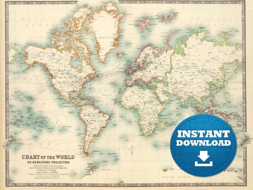 Digital Vintage World Map Printable Download Antique World Map File World Map Poster Turquoise Colors World Map Etsy