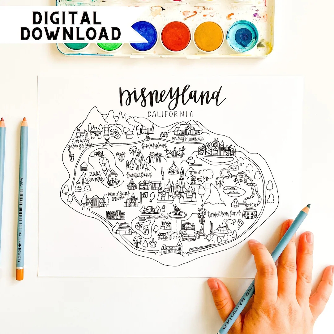 Disneyland Map Coloring Page DIGITAL DOWNLOAD Disneyland Print Out Disneyland Art Disneyland Sticker Disneyland Watercolor Etsy