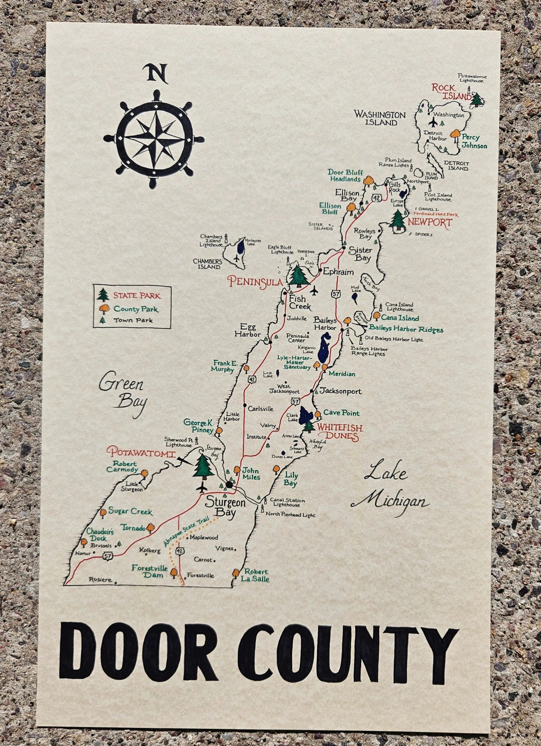 Door County Map 11x17 Etsy