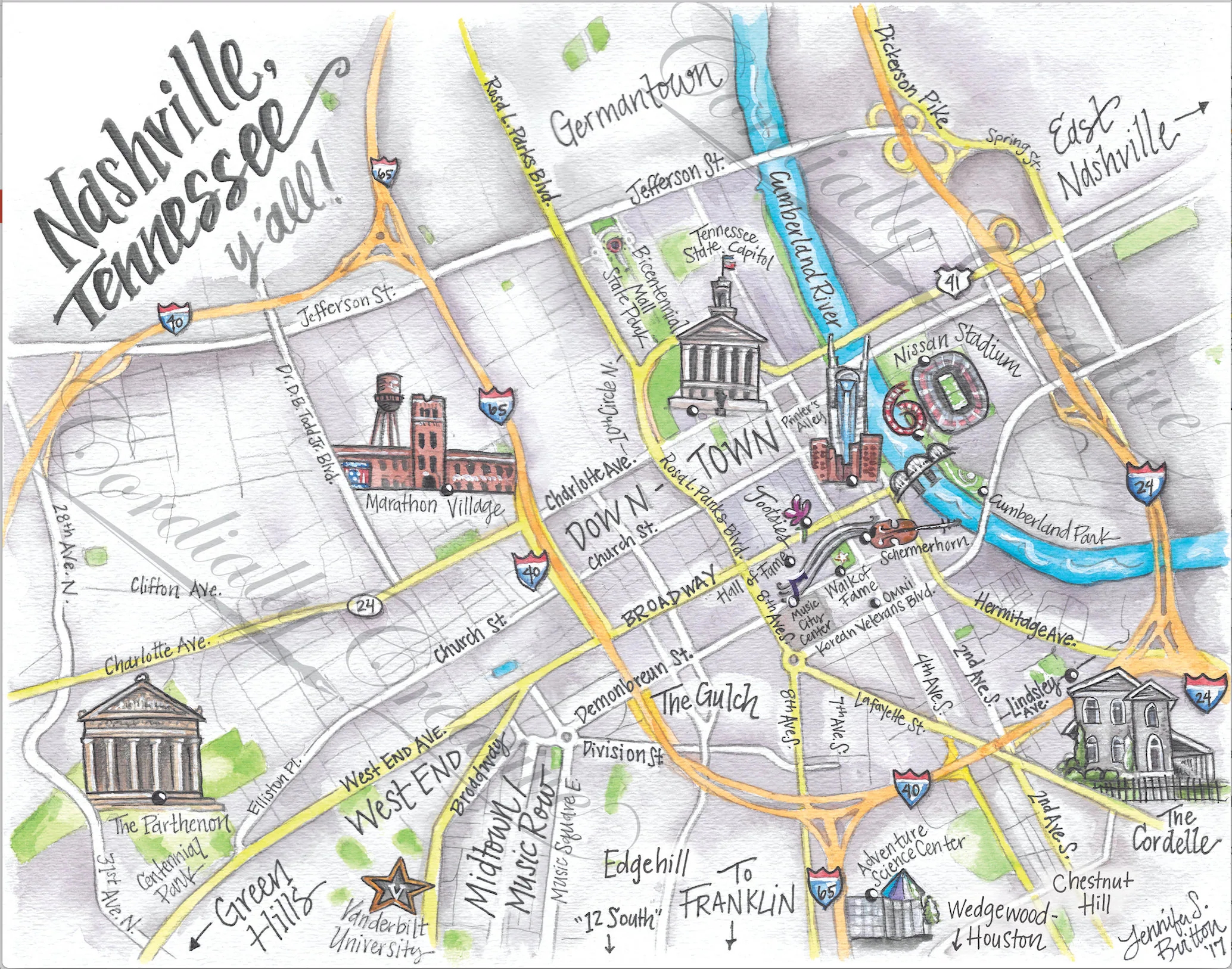 Downtown Nashville Map Watercolor Illustration Print Digitally Printed On White Linen Stock Hand Drawn Map Tennessee Etsy