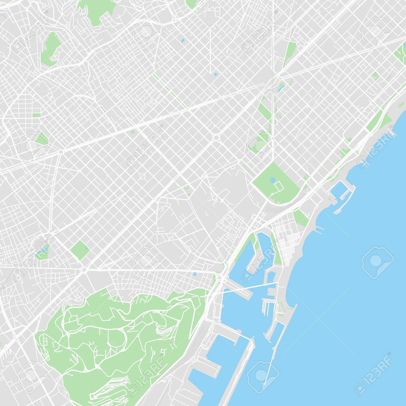 Downtown Vector Map Of Barcelona Spain This Printable Map Of Barcelona Contains Lines And Classic Colored Shapes For Land Mass Parks Water Major And Minor Roads As Such As Major Rail Tracks 